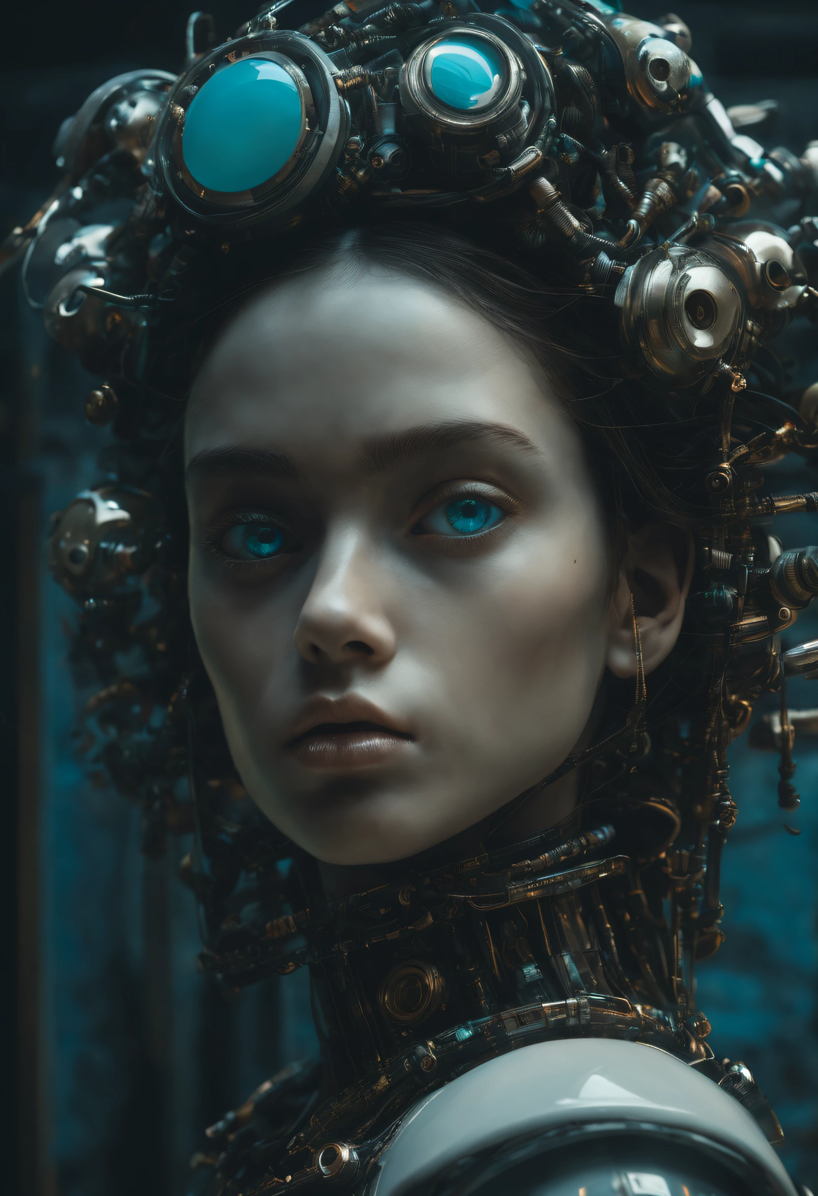 full lenght view. Little funny robot, porcelain face and head, Large turquoise eyes, Perfect eyes, Best Quality. Beautiful cinematic impressionistic painting, minimalism. Dark creepy in the style of Jeremy Mann and Charles Dana Gibson, Mark Demsteader, Paul Headley, author Spartak Mukanov. Perfect composition, Insanely beautiful detailed octane rendering, Artstation trend, 8K Fine Art Photography, photorealistic concept art, Programmed natural volume, cinematic perfect light, chiaroscuro, award-winning photo, Masterpiece, oil on canvas, Raphael, by Caravaggio, by Greg Rutkowsky, beeple, Beksinski, Giger, Ultra HD, Realistic, bright colours, high detail, UHD image, pen and ink, Perfect composition, beautiful detailed complex, Insanely detailed octane rendering, ArtStation Trends, 8K Fine Art Photography, photorealistic concept art, soft natural volumetric cinematic perfect light.