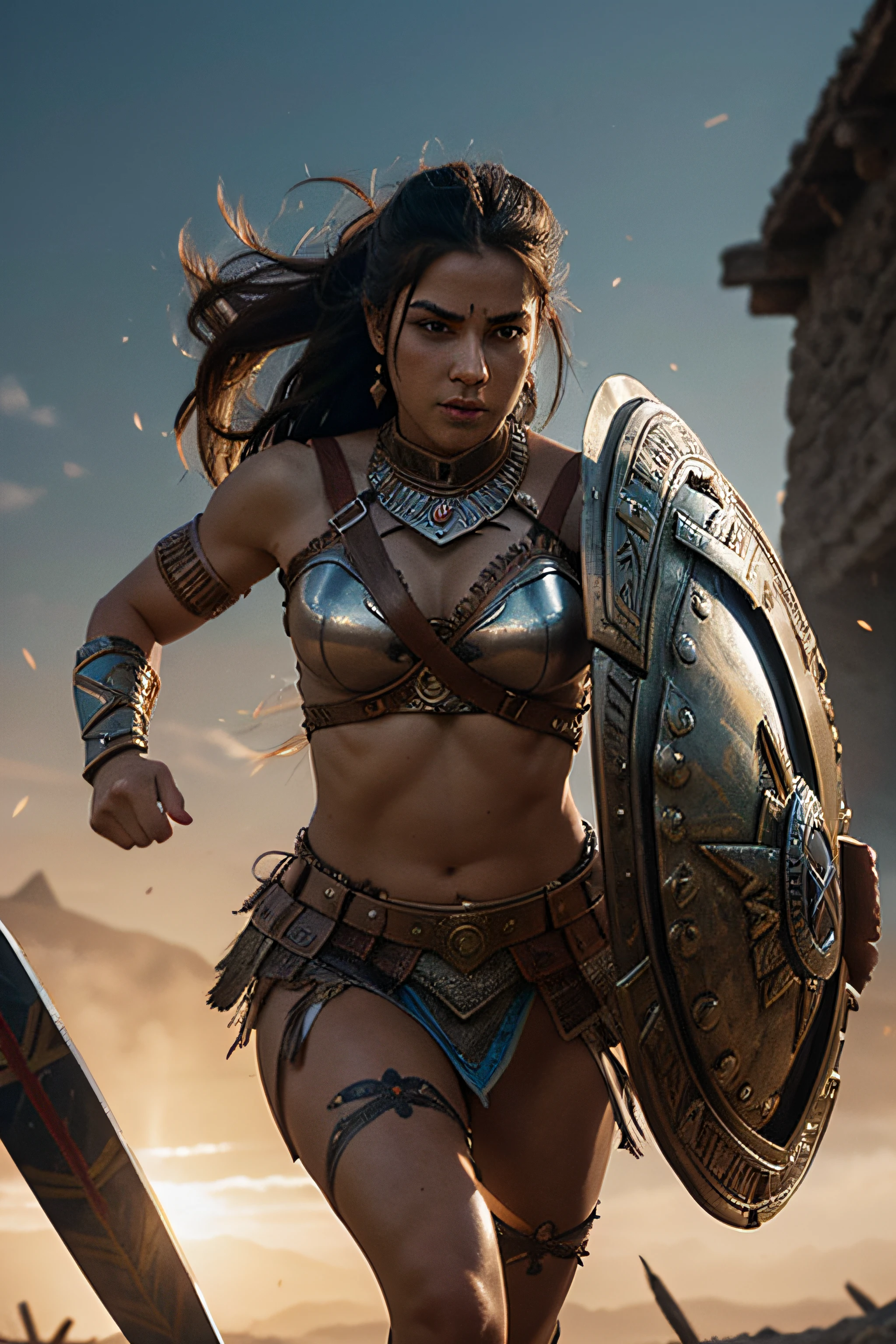 arafed woman in a warrior costume running with a shield and shield, a digital rendering by Wayne England, cgsociety contest winner, sots art, greek amazon warrior, female warrior, warrior woman, barbarian warrior woman, a beautiful woman warrior, aztec princess fights barbarians, muscular warrior women, warrior girl, north female warrior, north female warrior, beautiful female warrior