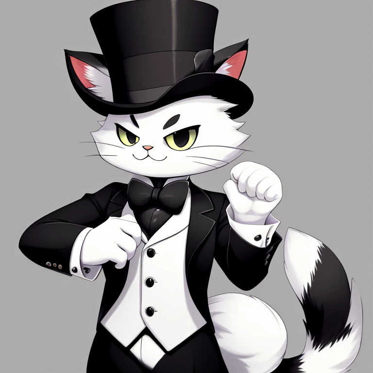 A cat with a black and white color with a top hat