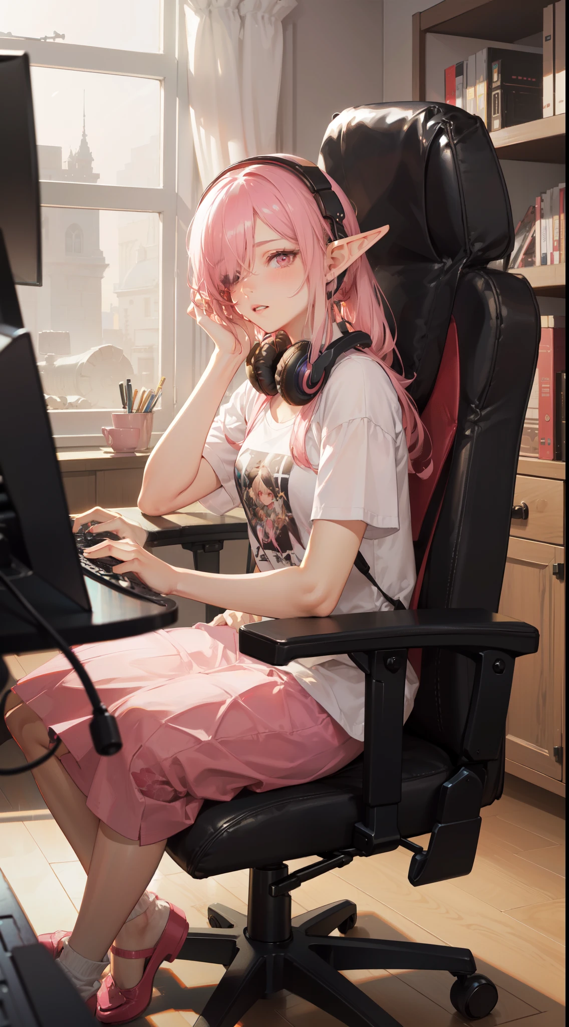 (masterpiece), (bestquality), (highlydetailed), (ultra-detailed), portrait of a cute elf girl, (elf:1.1), (1girl), solo, half body, (sitting on gaming chair:1.2), extremely detailed beautiful face, blush, messy hair ponytail, parted bangs, (hair over one eye), pink eyes,parted lips, Long white t-shirt, (pink theme), Headphones around the neck, by artgerm, wadim kashin, Kawacy,