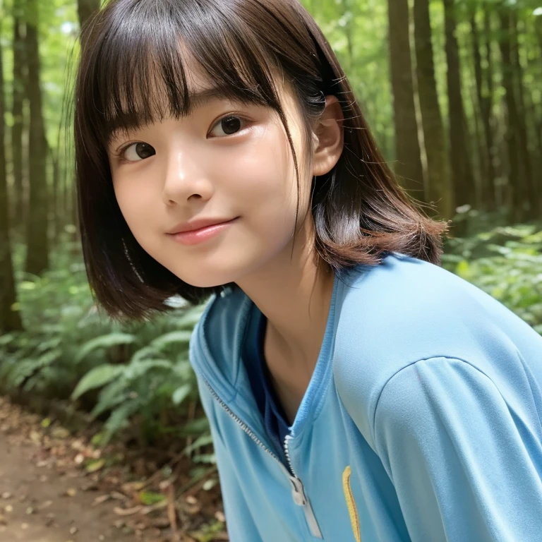 An ultra-high picture quality、Perfect Photo、 woman、in woods、Looking into the distance、put out one's forehead、a short bob、the wind、Eye of the cut、Narrow-eyed、Round nose、Plump lips、large mouth、thick lips、Duck mouth、Pointed mouth、smil、One-piece clothes、Touching the hair、
