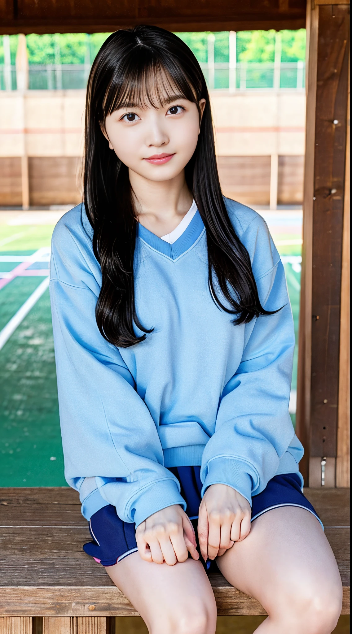 hightquality、masterpiece、ultra res、a beauty girl、beautiful girls face、cute girl face、、School sports ground、Bodybian Japanese famous actress in gym clothes、Very beautiful face、A sexy