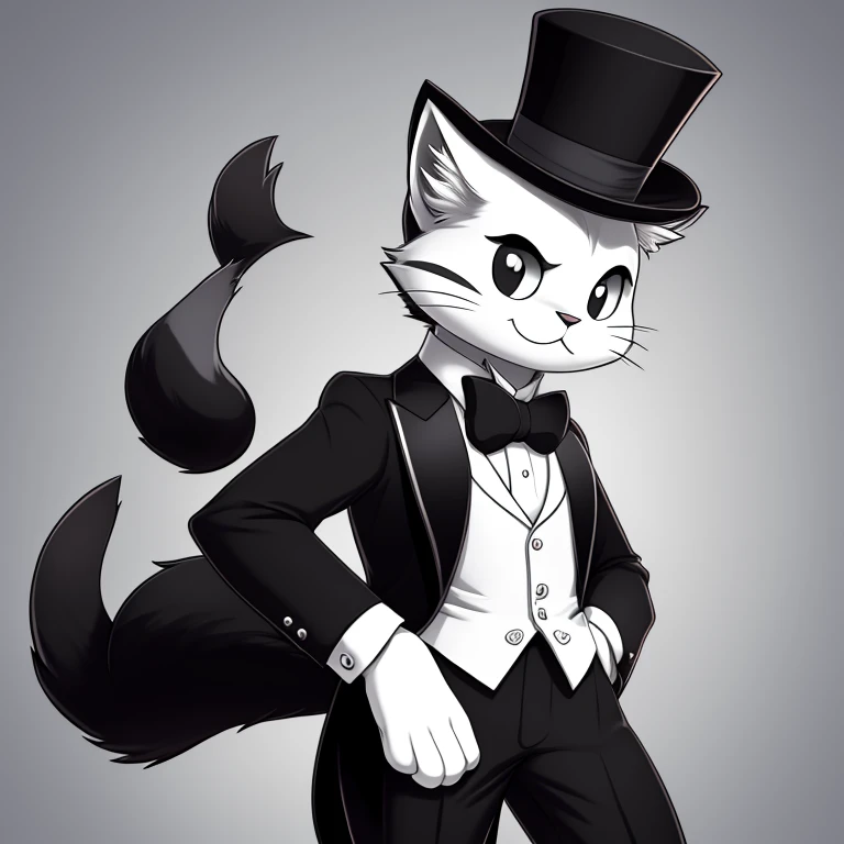 A cat with a black and white color with a top hat