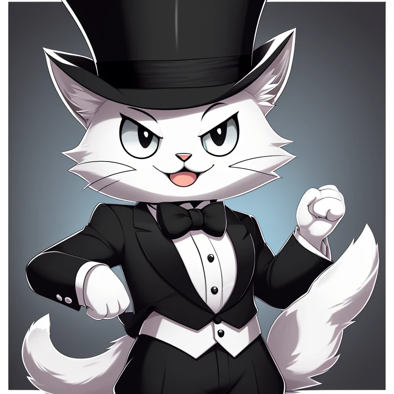 A cat with a black and white color with a top hat