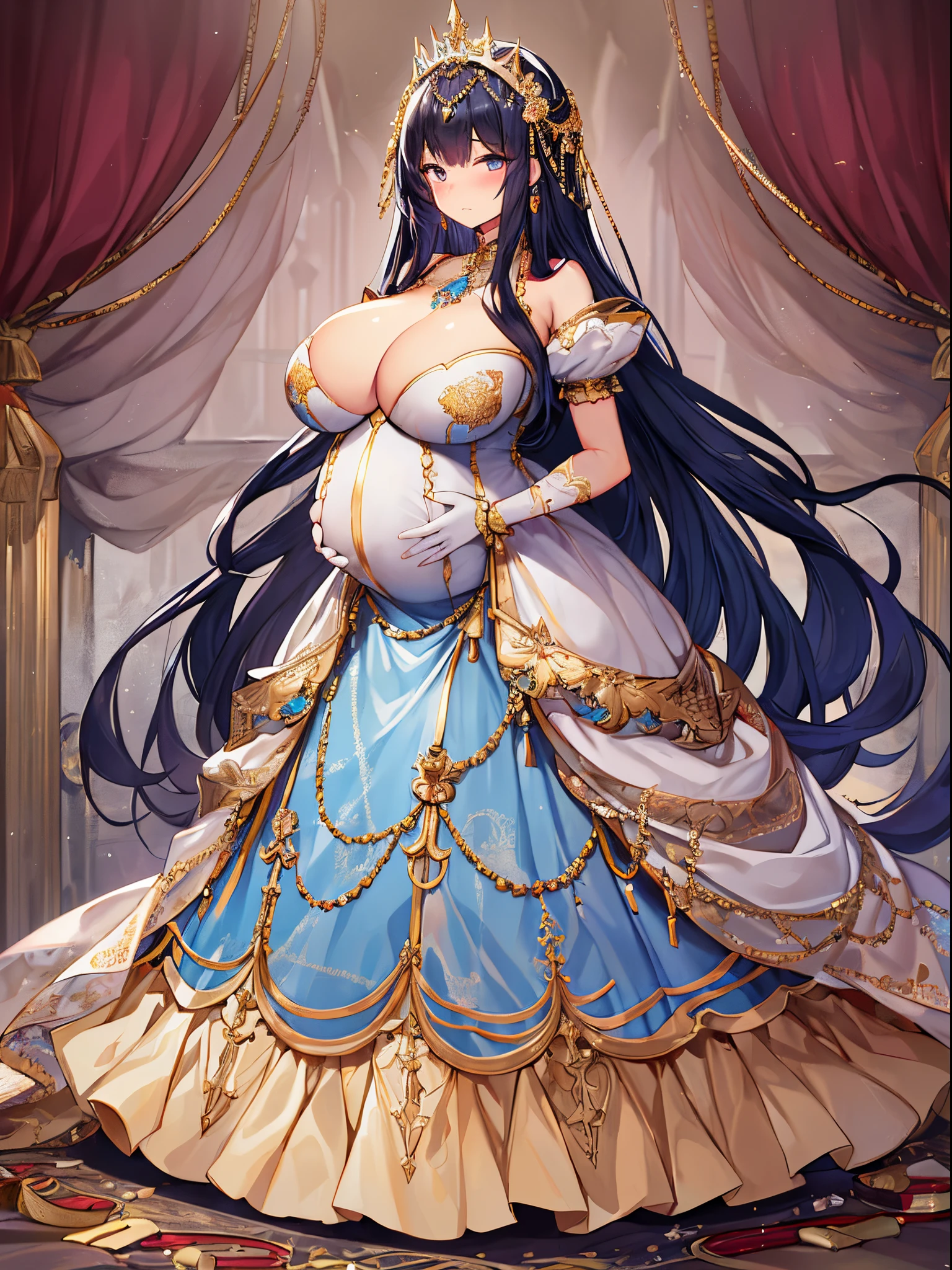 ultra-detailed, extremely detailed,((anime artstyle)),Masterpiece,(Best Quality),(Super Detail),(Very Delicate and Beautiful),((Solo)),((full body)),full body,((detailed face and eyes)),perfect eyes, rendered eyes,jewel-like beautiful eyes,((embarrassed,blush)),((1 pregnant princess in beautiful embroidery and jeweled gorgeous rococo ballgown with voluminous full length hoop skirt)),(((heavily pregnant))),((Crinoline,luxurious ruffles)),beautiful embroidery and jeweled gorgeous rococo ballgown with voluminous full length hoop skirt,(large amount of straight hair,extremely voluminous Very Long straight Hair,Absolutely Long Straight Hair),((((very gigantic boobs)))),skindentation,Bursting breasts,cleavage,(fantasy castle,luxury palace),long_gloves,extremely gorgeousfull jeweled hair ornament,(bling-bling extremely gorgeousfull jeweled tiara),(luxurious jewelry),full body,beautiful embroidery and jeweled gorgeous rococo princess ballgown with voluminous full length hoop skirt