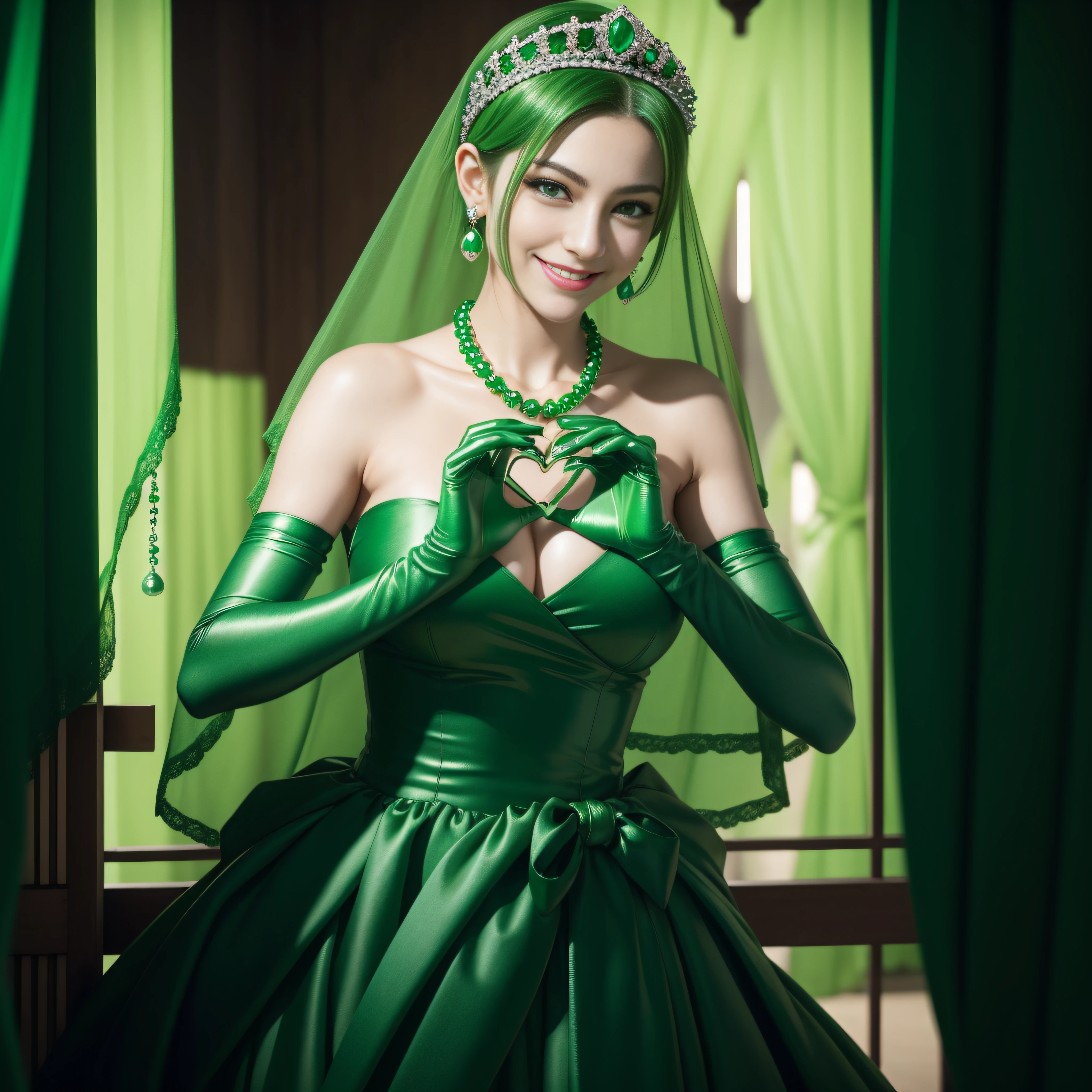 emerald tiara, Green Pearl Necklace, Boyish very short green hair, lipsticks, Japan woman smiling, very short short hair, big breasts beautiful, Green eyes, Long green gloves made of satin material, Green eyes, Emerald Earrings, green vale, Heart with both hands, Green hair
