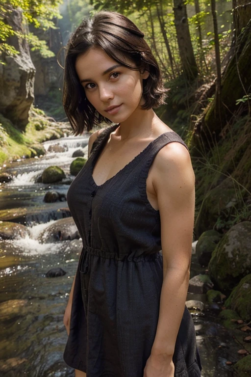 cute girl with short, dark hair, wearing a short, simple, sleeveless dark brown crudely woven sack dress, outdoors, in the forest, mountains, streams, sunshine, clouds, god rays, looking at the camera