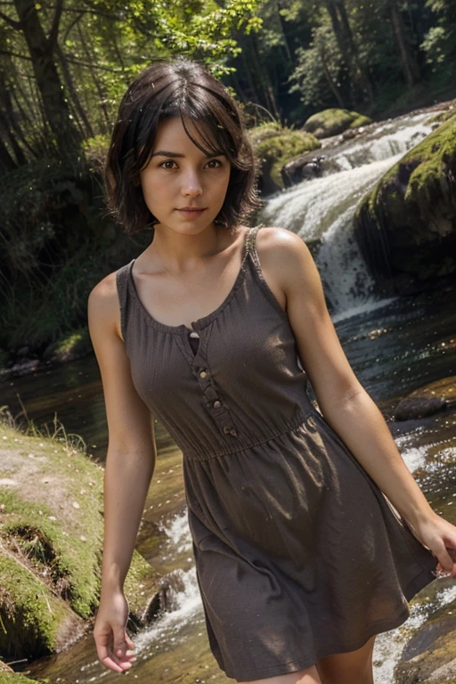 cute girl with short, dark hair, wearing a short, simple, sleeveless dark brown crudely woven sack dress, outdoors, in the forest, mountains, streams, sunshine, clouds, god rays, looking at the camera