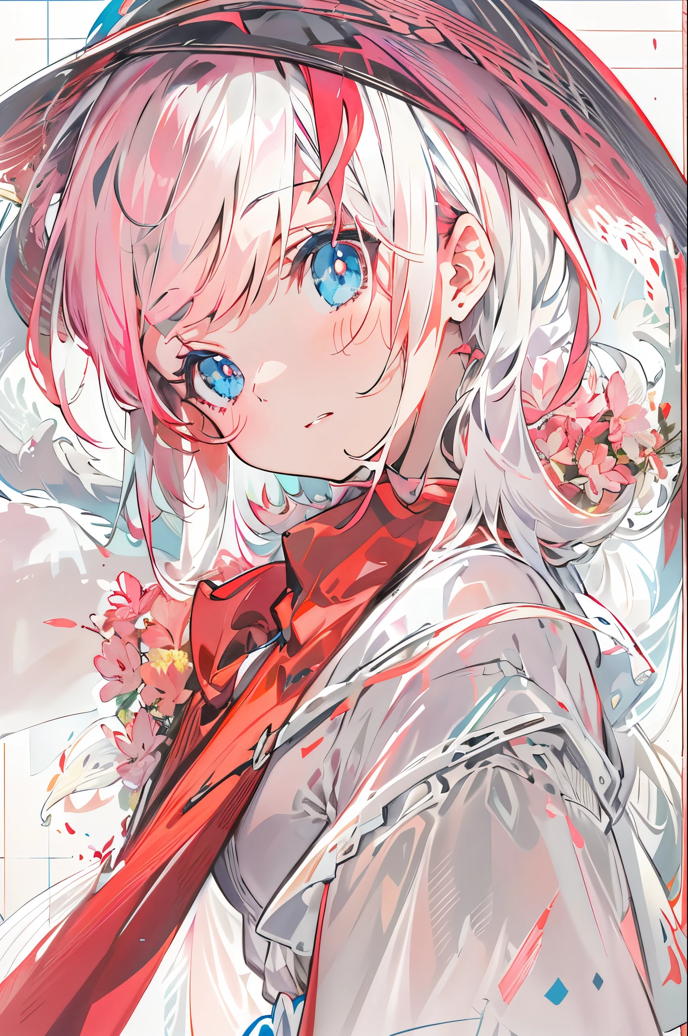 masutepiece, Best Quality, hight resolution, Serena \(A pokémon\), Short hair, Blue eyes, 1girl in, Solo, Blue Ribbon, Eyelashes, Neck ribbon, Sleeveless, Bangs, 鎖骨, Bare arms, Pink dress , Red coat, White background, front, No view, Looking at the viewer,Upper body, face to the viewer, Solid color background, clean back ground, Facing the camera, High resolution, expressionless calm face, white backgrounid, Looking away, _Background
