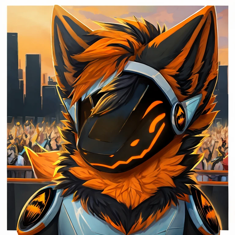 Protogen with orange and black fur, eyes color orange, protogen face 1:1, protogen expression sad to audience, background modern city,