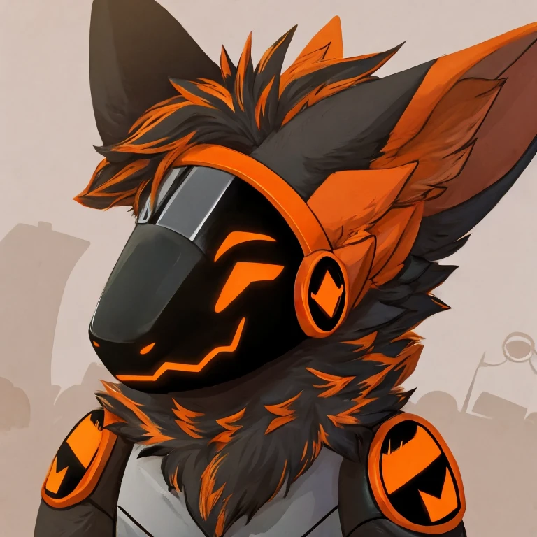 Protogen with orange and black fur, eyes color orange, protogen face 1:1, protogen expression sad to audience, background modern city,