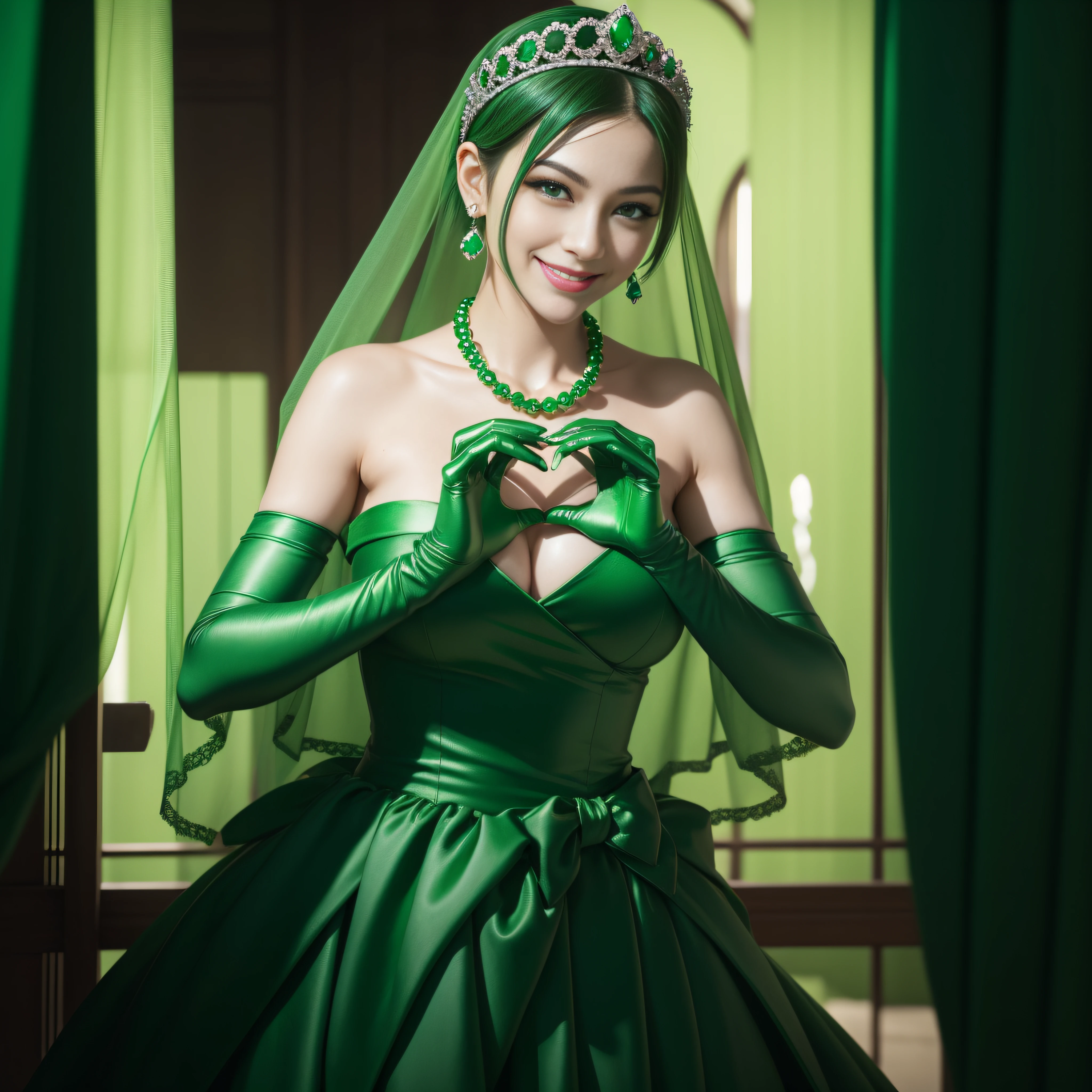 emerald tiara, Green Pearl Necklace, Boyish very short green hair, lipsticks, Japan woman smiling, very short short hair, big breasts beautiful, Green eyes, Long green gloves made of satin material, Green eyes, Emerald Earrings, green vale, Heart with both hands