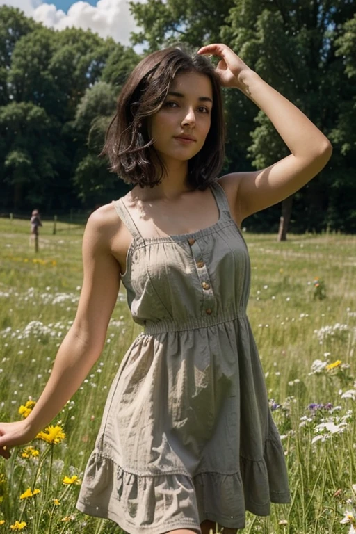 cute girl with short, dark hair, wearing a short, simple, sleeveless dark brown crudely woven sack dress, outdoors, in a meadow, flowers, sunshine, clouds, god rays, looking at the camera