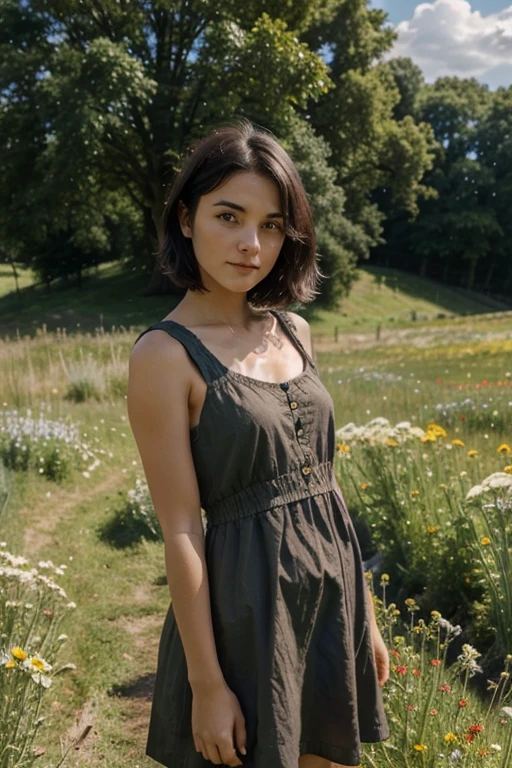 cute girl with short, dark hair, wearing a short, simple, sleeveless dark brown crudely woven sack dress, outdoors, in a meadow, flowers, sunshine, clouds, god rays, looking at the camera