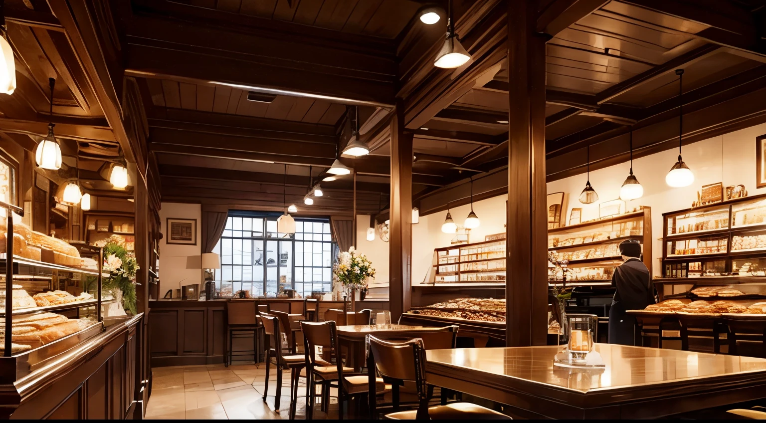 an empty British coffee shop, coffee in the middle table, some bakery on the shelfs, big centre pieces of flowers, authentic decoration, harry porter style, super detail, high resolution, late night lighting