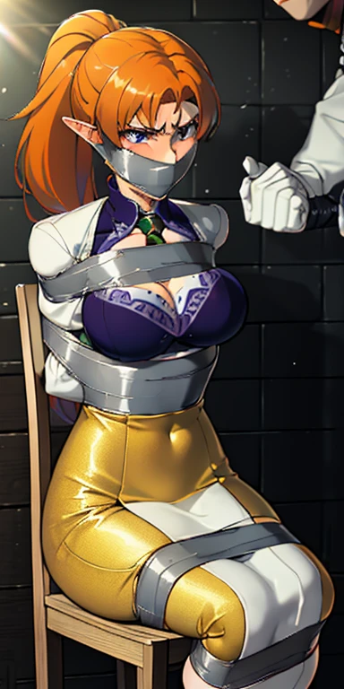 1female elf, ponytail, flaxen hair, purple eyes, very detailed long hair, ((intricate hairstyle:1.3)), half up half down pony tail, (((ginger hair))), pale skin, wearing ripped leather armor, damaged armor, detailed face, focus on face, detailed face, perfect skin, beautiful, Insanely detailed, close up, taped mouth, ((tape gag: 1.3)), gag, ((gagged)), arms bound behind back, elbows taped, wrists taped, desperate struggle, thrashing, arched back, chair tied, (tie up tape: 1.2), roped to chair, frightened, pleading eyes, stalker, kidnapped, true crime, dirty basement, tense atmosphere, peril, impending , close up, panicking, frightened, pleading eyes, stalker, kidnapped, true crime, (dirty basement: 1.3), tense atmosphere, peril, impending , close up, panicking, anime, (dynamic angle:1.1), masterpiece, (illustration:1.1)