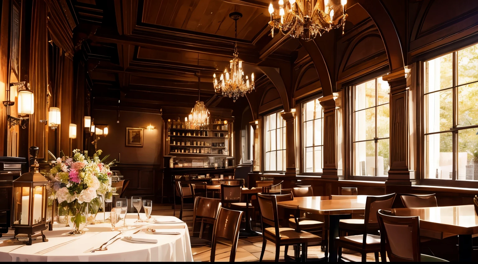 an empty British coffee shop, coffee in the middle table, some bakery on the shelfs, big centre pieces of flowers, authentic decoration, harry porter style, super detail, high resolution, late night lighting