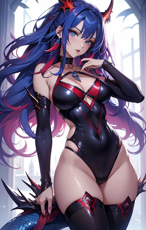 best quality. tmasterpiece，Ultimate resolution，downy，Extremely colorful，Colorful，Dragon beauty，Mature face shape，blue color eyes，red and blue hair，（Long red and blue hair），（standing pose，blackstockings，high-heels）Redlip，choker necklace，Long messy hair，A pair of dragon horns，A pair of dragon wings，a matural female，Crop topping，super tight one piece swimsuit，The kinky exposed，Sanctuary，Skysky，Normal posture