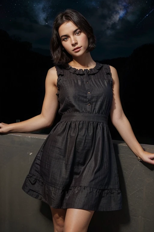 cute girl with short, dark hair, wearing a short, simple, sleeveless dark brown crudely woven sack dress, elevated to heavenly status, beautiful cosmic background, looking at the camera