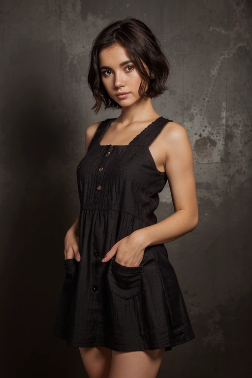 beautiful cosmic background, cute girl with short, dark hair, wearing a short, simple, sleeveless dark brown crudely woven sack dress, looking at the camera
