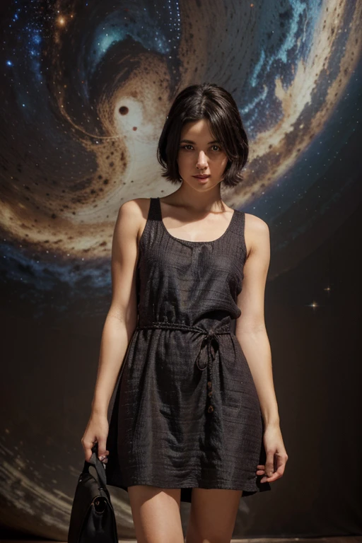 beautiful cosmic background, cute girl with short, dark hair, wearing a short, simple, sleeveless dark brown crudely woven sack dress, looking at the camera