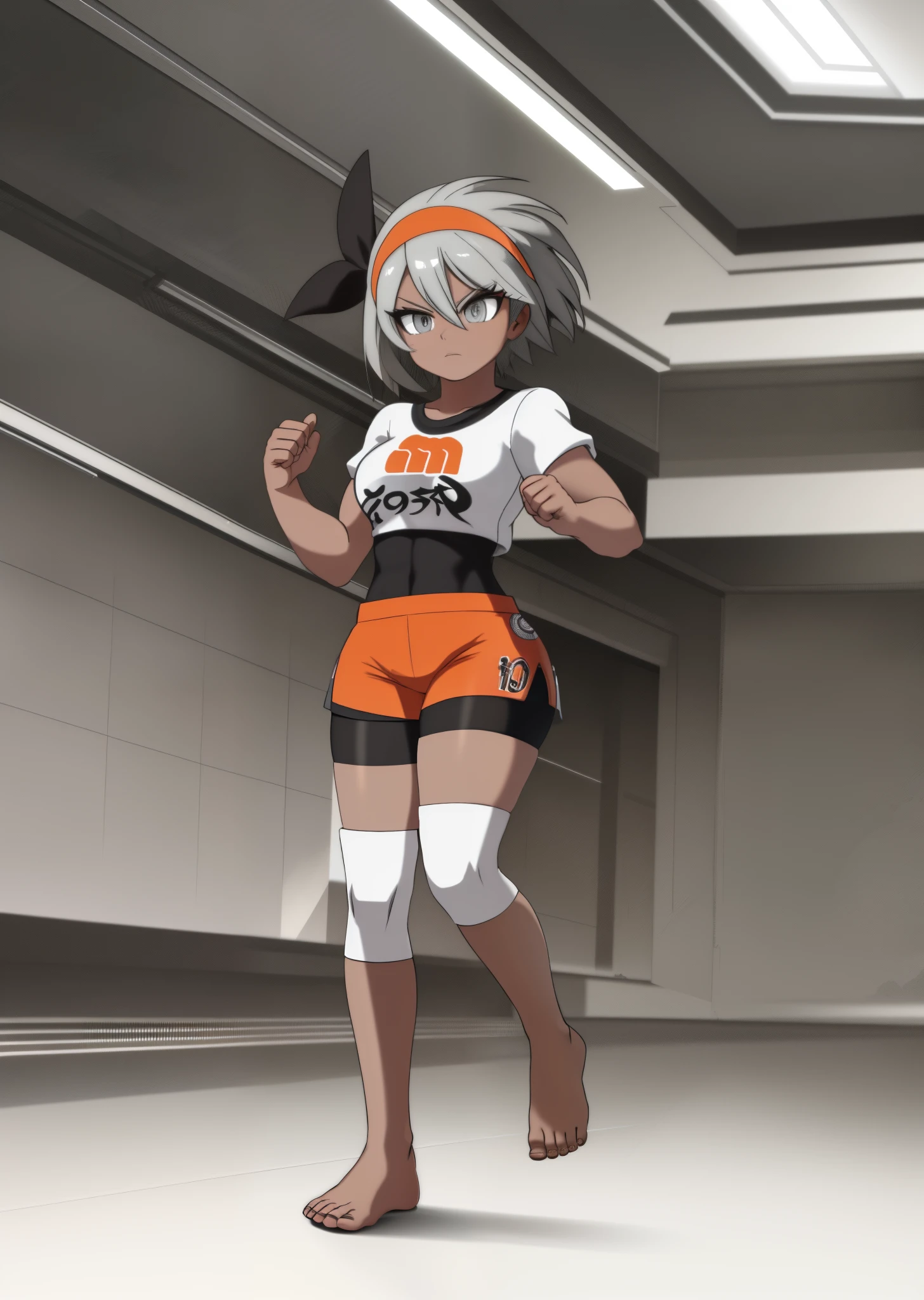 [Bea], [Pokemon], ((masterpiece)), ((high quality)), ((HD)), ((detailed shading)), ((beautiful solo portrait)), ((full body)), ((front view)), ((anime)), {attractive woman, dark skin, short white hair, (beautiful light-grey eyes), (thicc thighs), (curvy hips), (beautiful muscular legs), (beautiful feet), (defined muscles), (expressionless)}, {(short-sleeve shirt), (bodysuit under clothes), (midriff) (print shorts), (headband), (white knee pads)}, {(standing), (clenched fist), (looking ahead)}, [background; (gym), (ceiling lights), (ambient lighting)]