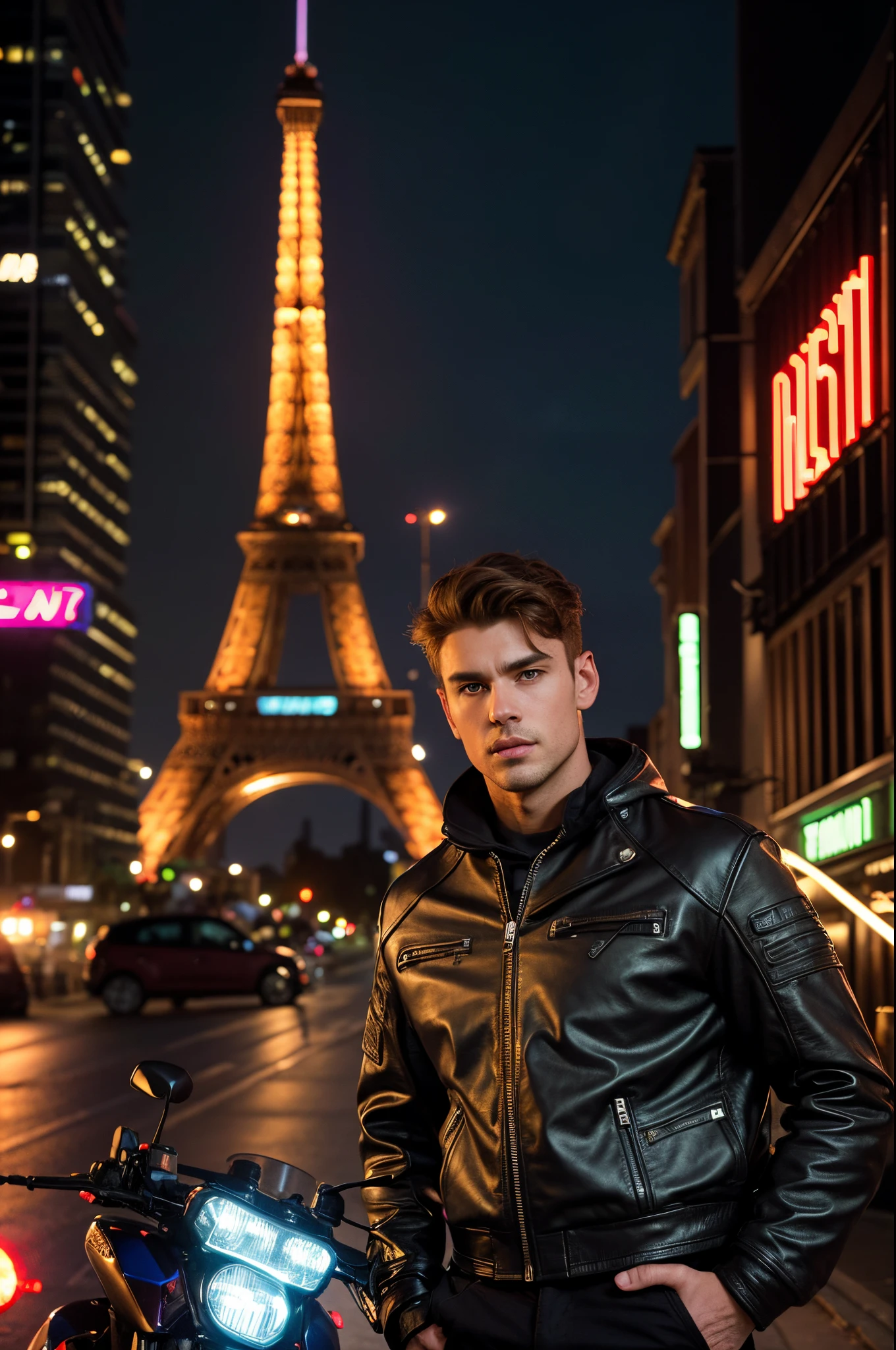 A guy in a leather jacket holds a motorcycle helmet, behind him is a motorcycle.The Eiffel Tower glows in the background. night city, neonlight. Neon light falls on clothes and helmet.(RAW photo: 1.2), ((photo-realistic: 1.4), (tmasterpiece: 1.3), (beste-Qualit: 1.4), extra high resolution, (Detailed facial features), (Detailed features of clothing), HDR, 8k resolution, (Extremely detailed illustration), keep the hairstyle as original.