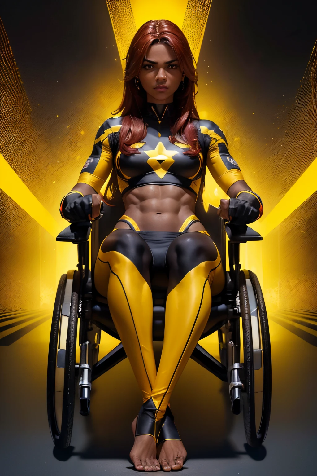 "(melhor qualidade, Altas, Realistic: 1.37), superhero in wheelchair with slim body, pernas fechadas, poder negro negro, tema neon, Roupas de cor AMARELO, Luz AMARELA emitida pelos seus olhos, chest, hands and feet, cores vibrantes, Pose forte e confiante, Dynamic background"