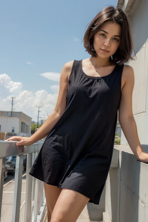 colorful bright celestial background, cute girl with short, dark hair, wearing a short, simple, sleeveless dark brown crudely woven sack dress, looking at the camera