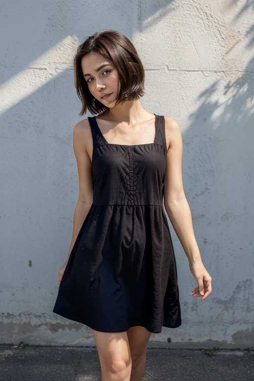 colorful bright celestial background, cute girl with short, dark hair, wearing a short, simple, sleeveless dark brown crudely woven sack dress, looking at the camera