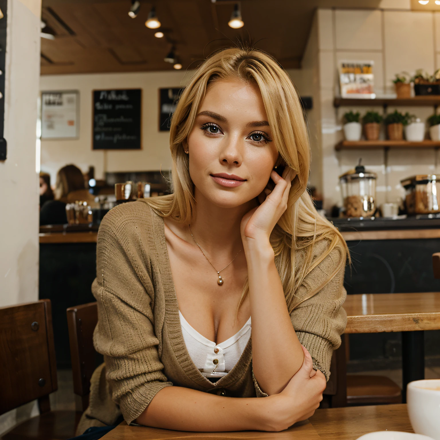 Pretty woman, blond hair, sitting on a table in Starbuck Coffee Cafe'.