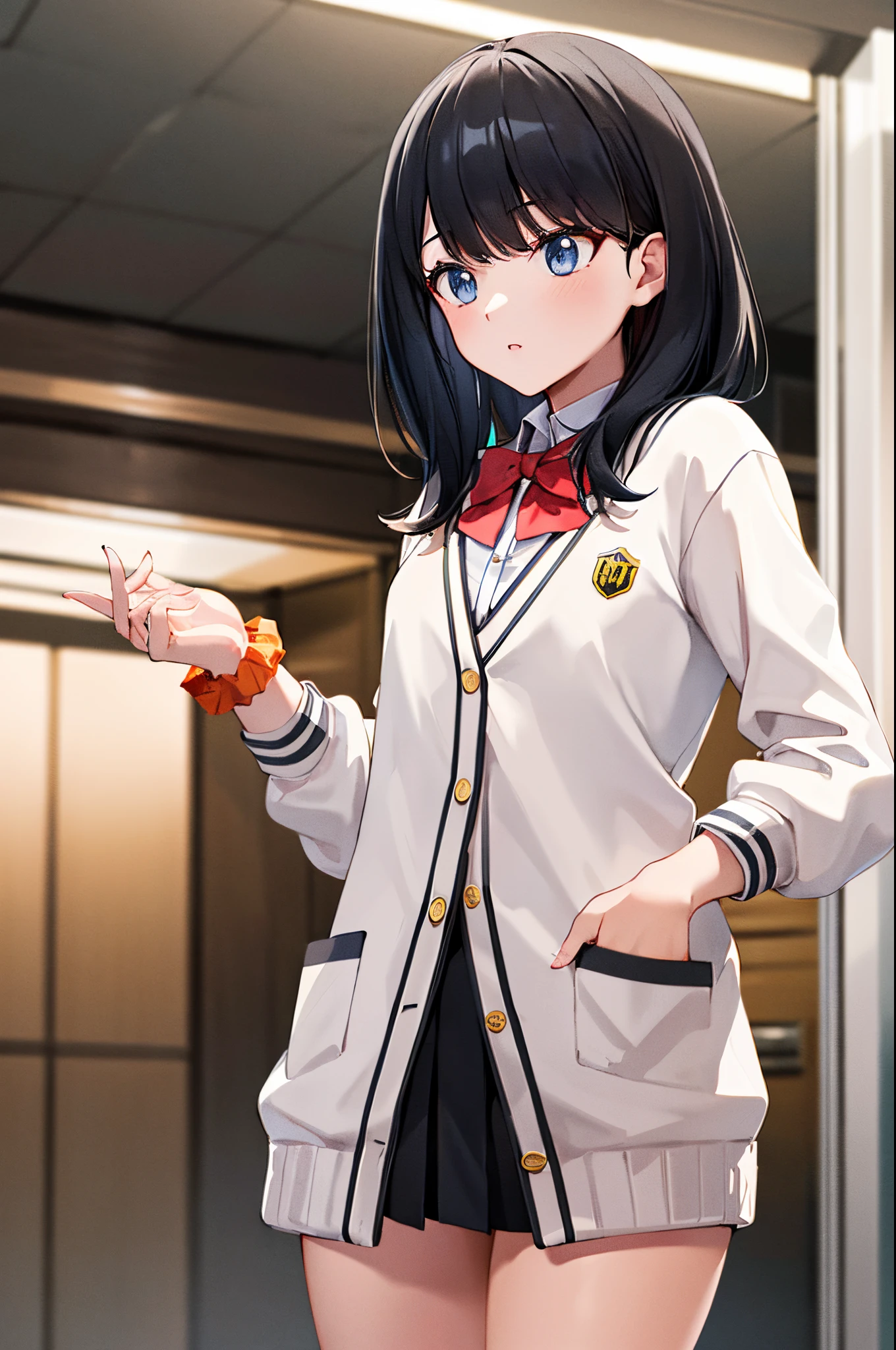masterpiece, best quality, highres, rikka1, 1girl, takarada rikka, black hair, solo, blue eyes, wrist scrunchie, long hair, red socks, school uniform, black skirt, bangs, pleated skirt, orange scrunchie, red bow, white cardigan, long sleeves, bowtie, white shirt, miniskirt, white sweater, cowboy shot,