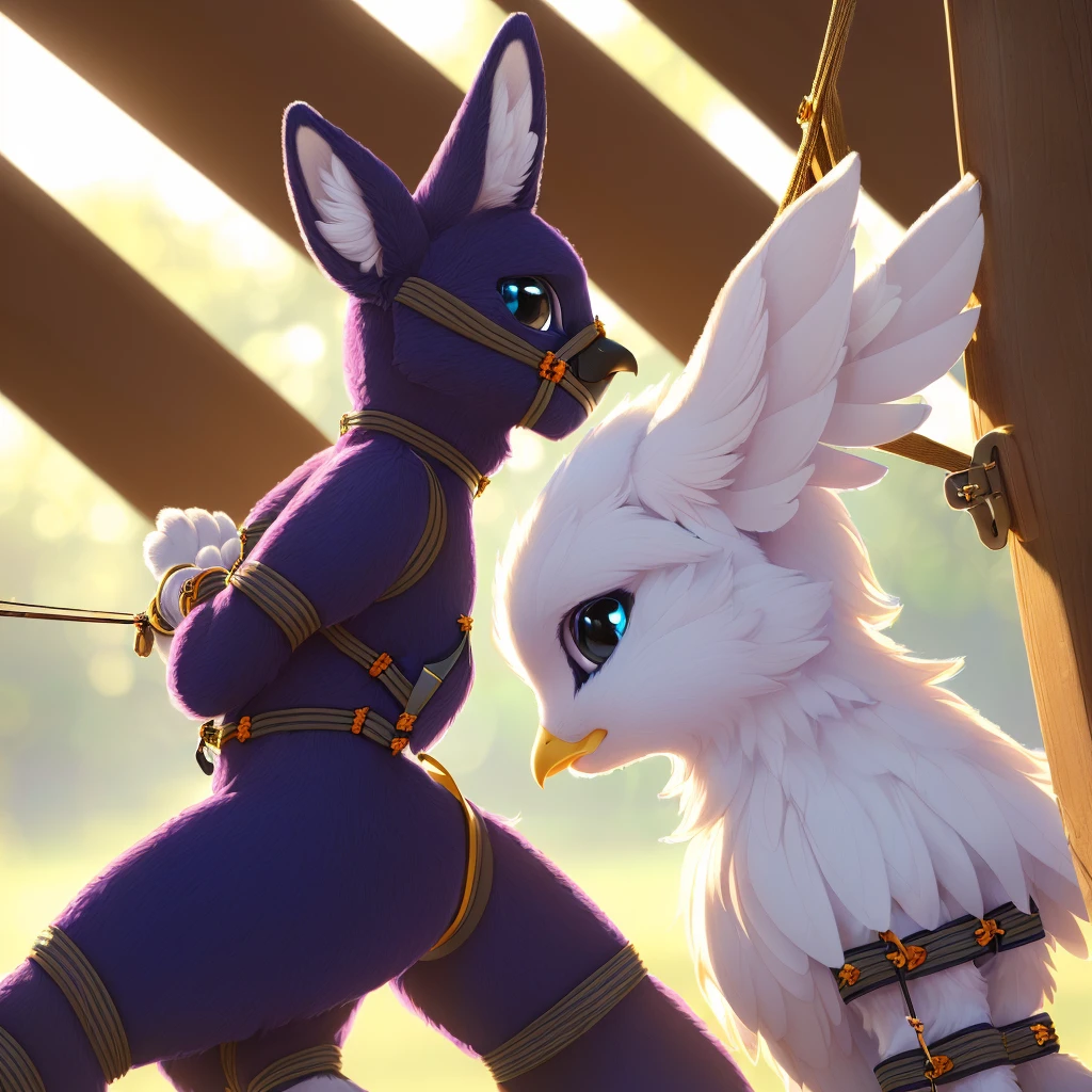 ((Uploaded on furaffinity:1.5), (uploaded on e621:1.5) ,anthro, furry, avian, (cinematic lighting), ((detailed background)), (((three-quarter view))), (half body shadow), (happy, wide eyes, cute), [realistic proportionplict content], [sharp focus], (questionable content), (shaded), ((masterpiece)), high quality, digital art, drawing, HD 4k, dreamlikeart, lens flare, upper body, looking at viewer, animal focus, furry, nudefursuit, 1girl, cute, kawaii, lovely, fur, fur head, narrow waist, animal ears, paw, ((bondage:1.75))