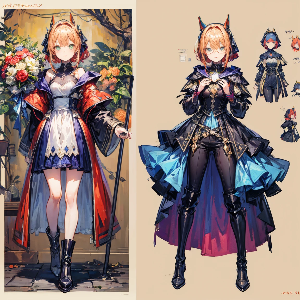 petite girl, redhead hair, robot horse,Type sheet, Character Sheets, Three types,Shot Full Body,Game Character Design,than a small flying moon,Girl in sunglasses and beans,Victorizo ∨TSE∨,Orange background, Stylistic expression, inspired by Alphonse Mucha, A lot of style, flat shading flies, Abstract art, neon colors, neon green, baggy clothes, ,windproof boots, official arts, Line chart sketch, symbol-shaped pupils,Medieval heavy dress, luna. veil, bouquet, Separating elements), watercolour,illustartion,Realistic,Harmonious colours,natural lighting, vine、cowboy shot, , Sleeves, Trimmed with ribbons,Detailed Face