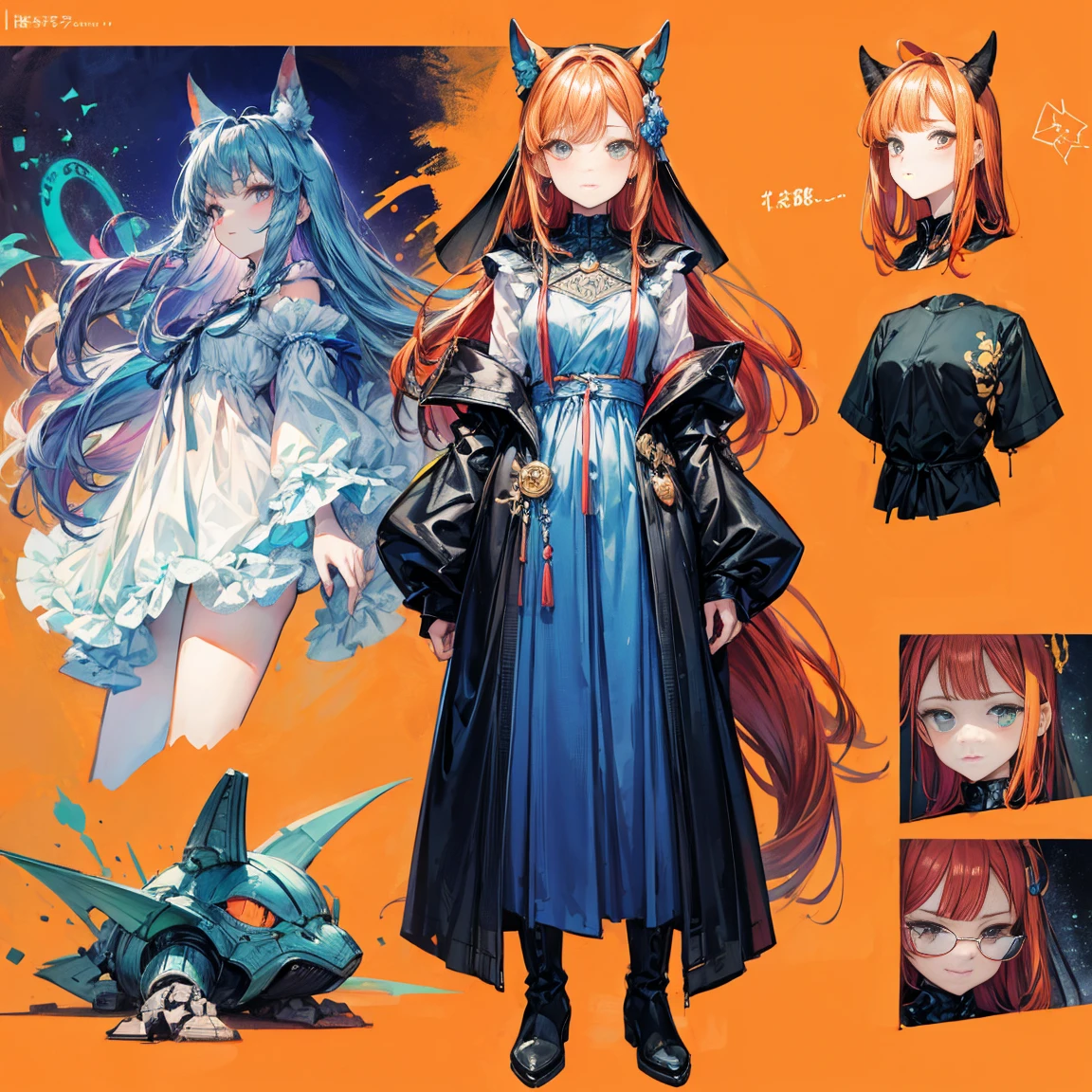 petite girl, redhead hair, robot horse,Type sheet, Character Sheets, Three types,Shot Full Body,Game Character Design,than a small flying moon,Girl in sunglasses and beans,Victorizo ∨TSE∨,Orange background, Stylistic expression, inspired by Alphonse Mucha, A lot of style, flat shading flies, Abstract art, neon colors, neon green, baggy clothes, ,windproof boots, official arts, Line chart sketch, symbol-shaped pupils,Medieval heavy dress, luna. veil, bouquet, Separating elements), watercolour,illustartion,Realistic,Harmonious colours,natural lighting, vine、cowboy shot, , Sleeves, Trimmed with ribbons,Detailed Face