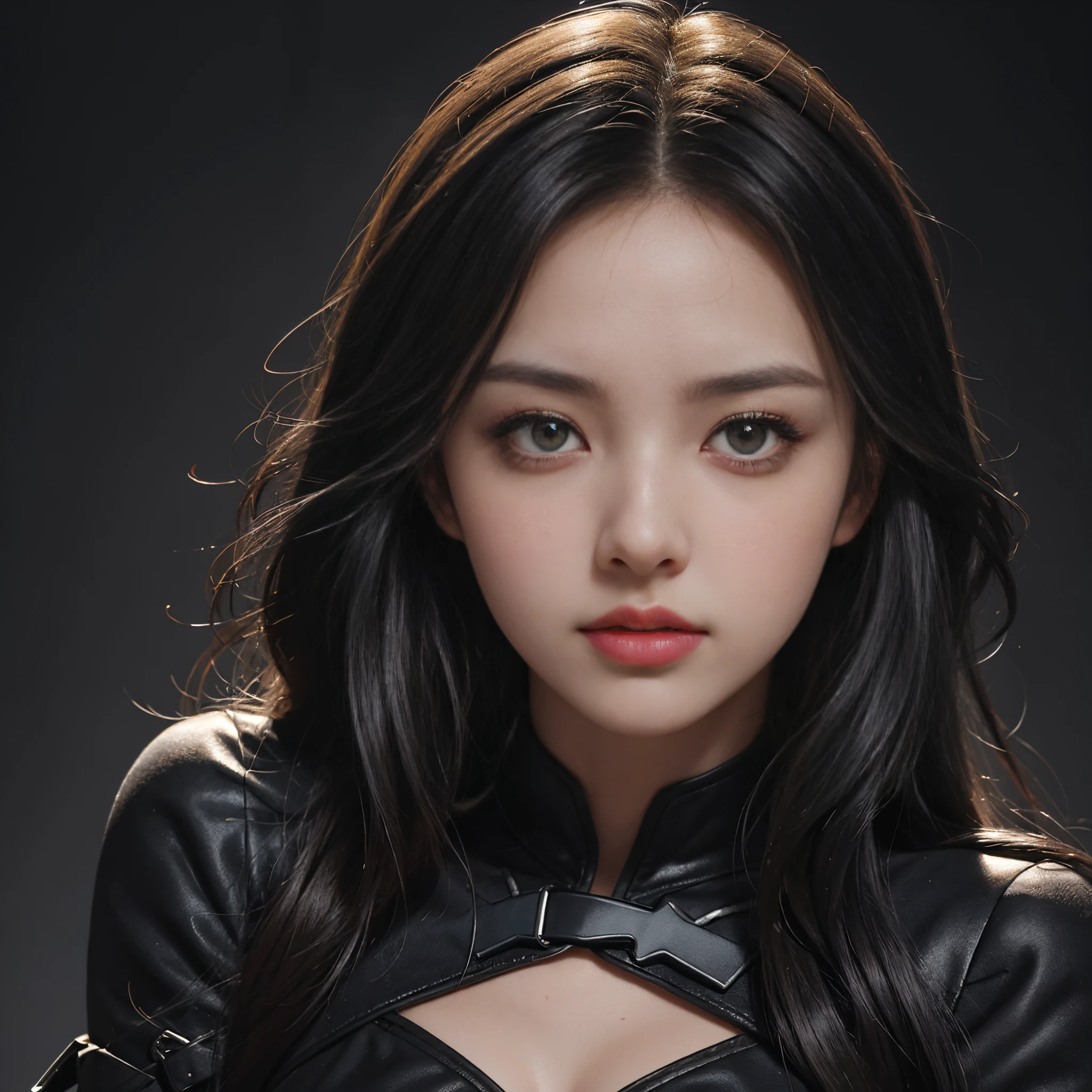 （((Black Widow Costume))）、(top-quality:1.4)、(unparalleled masterpiece ever)、(Half body shot:1.4)、(The ultra -The high-definition)(Ultra realistic 8K CG)、(Photorealsitic:1.4)、Raw photography、a 20 yo woman、shinny skin、The upper part of the body、The upper part of the body、(breastsout、Attractive body:1.4)、Colossal tits、((Exposed seductive attractive cleavage))、stunningly beautiful、A smile、Raw skin、beautiful hairl、Anisotropy Filtering、depth of fields、Maximum clarity and sharpness、 Multilayer Texture、octan render、Two-tone lighting、face to the viewer、Look at viewers、gazing at viewer、