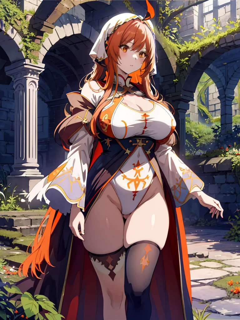 anime illustrated、Fantasia、A lewd female knight with orange hair、The long-haired、Dirty cloak、Stroll through the castle ruins covered in vegetation、White costume、Ethnic patterns、Red and blue two-tone innerwear、Leotard、1 persons、Colossal tits、Plump body、seminude、Close-up of people、Luxurious embroidery