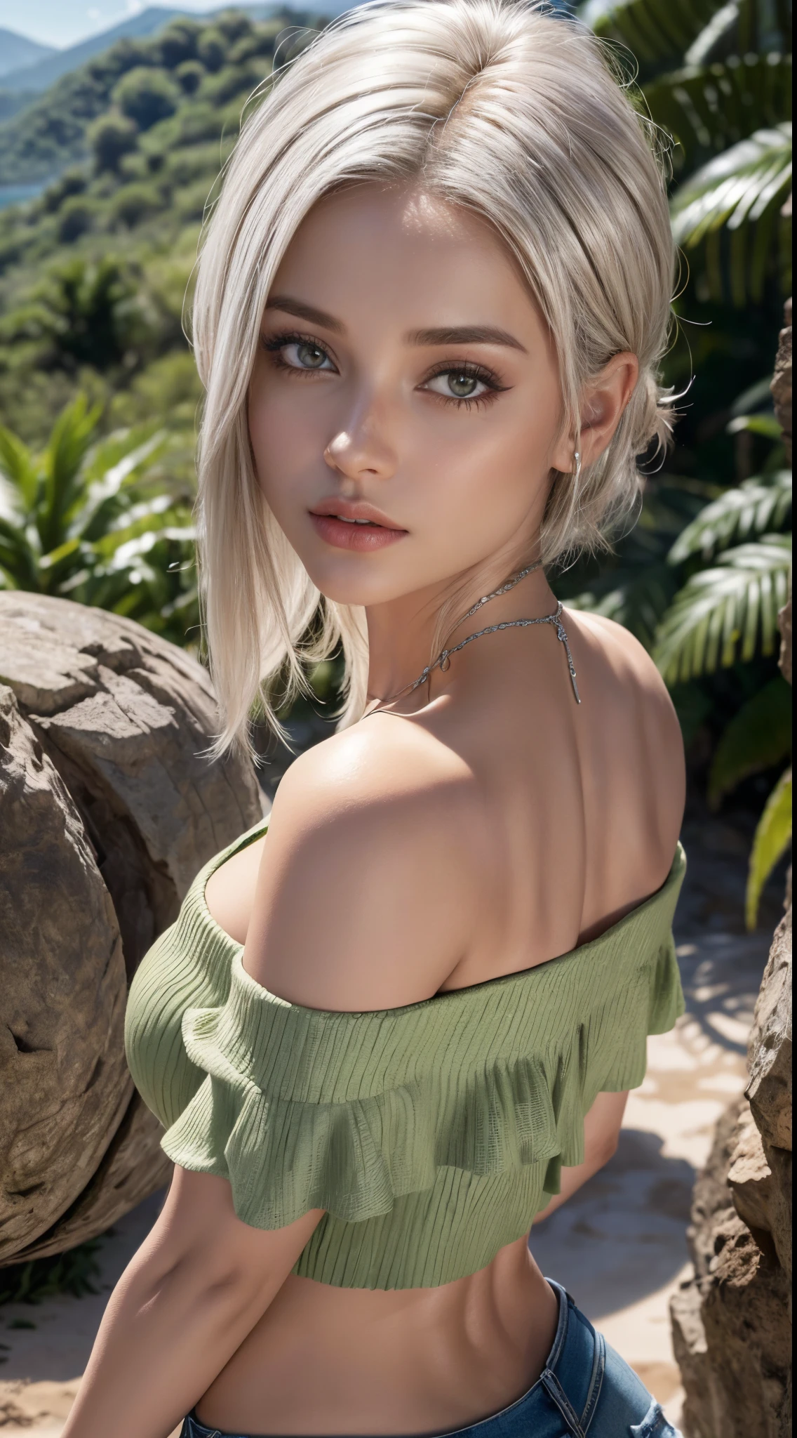 kelly key, 8k, Foto RAW, (Very detailed skin: 1.2), (Top-down view: 1.5), ((mulher muito bonita na camisa branca off-the-shoulder com fundo de montanhas com por do sol entre nuvens)), from the back, bunda grande e redonda, obra prima, qualidade superior, 1menina olhos verdes e lindos cabelos platinado com brilho, mulher caucasiana bonita com bunda grande, ????? cheios e pele clara,  Poses variadas, ((????? grandes e decote :1.4)), (((????? muito macios)), Rosto altamente detalhado, Olhos detalhados.