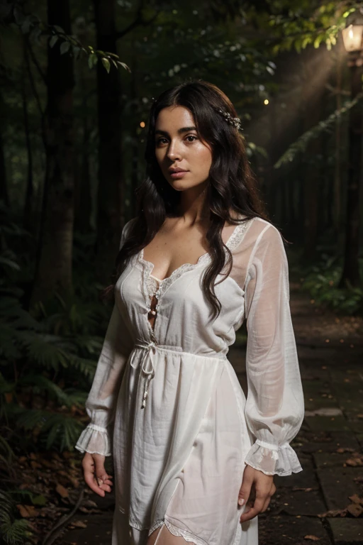 Mulher latina com pele opaca, his face has a long, surprised expression, cabelos negros cacheados, vestido com uma camisola vitoriana branca. It is located in a forest, it is night time, the wind moves the leaves of the trees and the woman's hair, a floresta tem uma atmosfera ancestral, mistborn, Velas, low lighting. foto de corpo inteiro