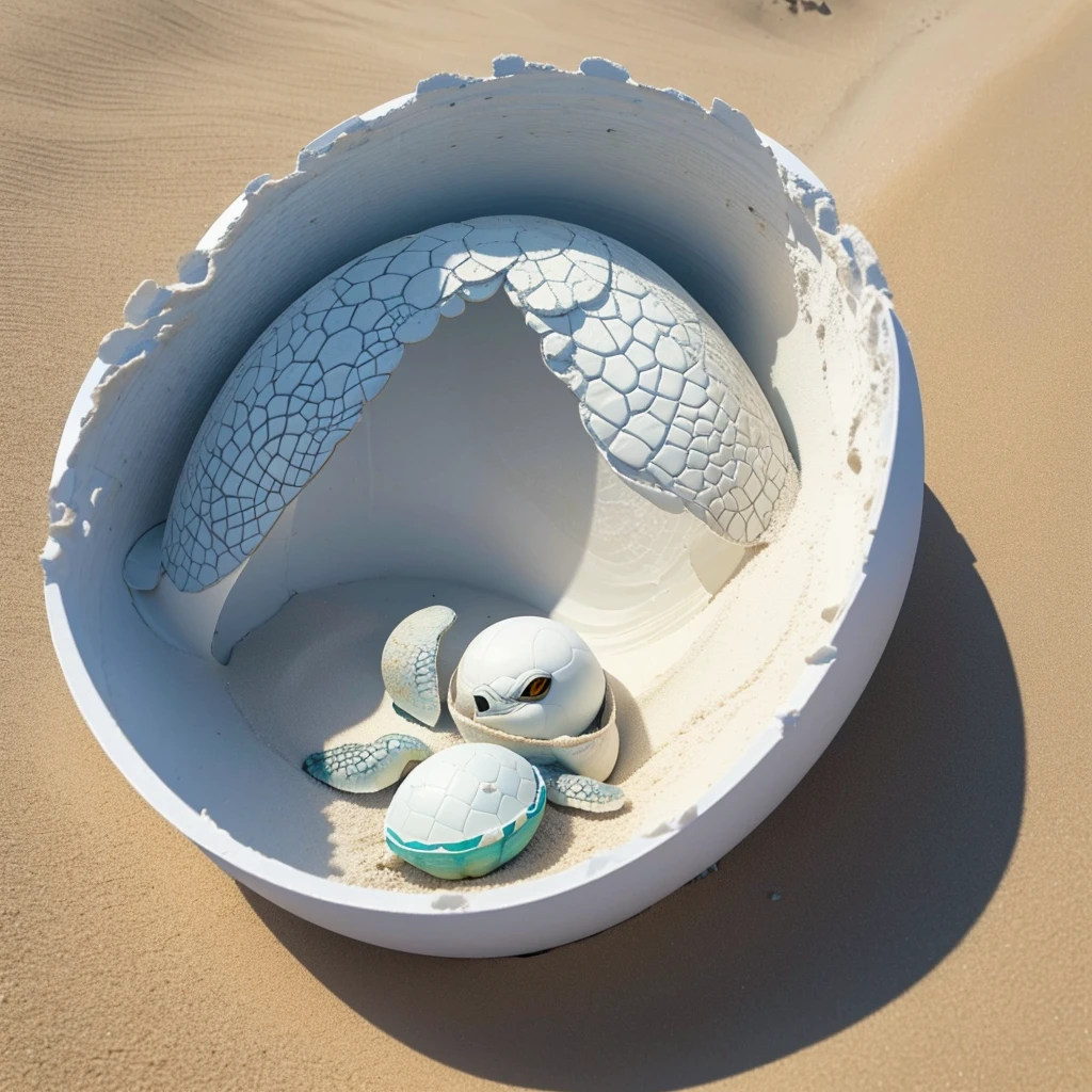 Baby sea turtle still inside the egg shell, on the white sand beach, (Masterpiece), (Best Quality), (Ultra high Detailes)