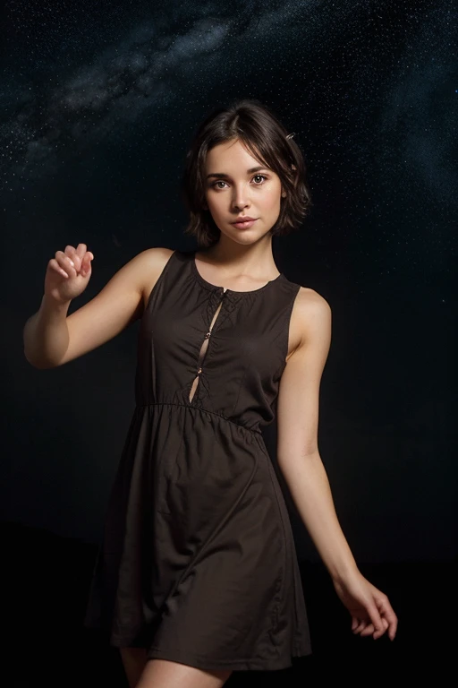 cute girl with short, dark hair, wearing a short, simple, sleeveless dark brown crudely woven sack dress, looking at the camera, starry, ethereal background, symbols and orbs floating in the air