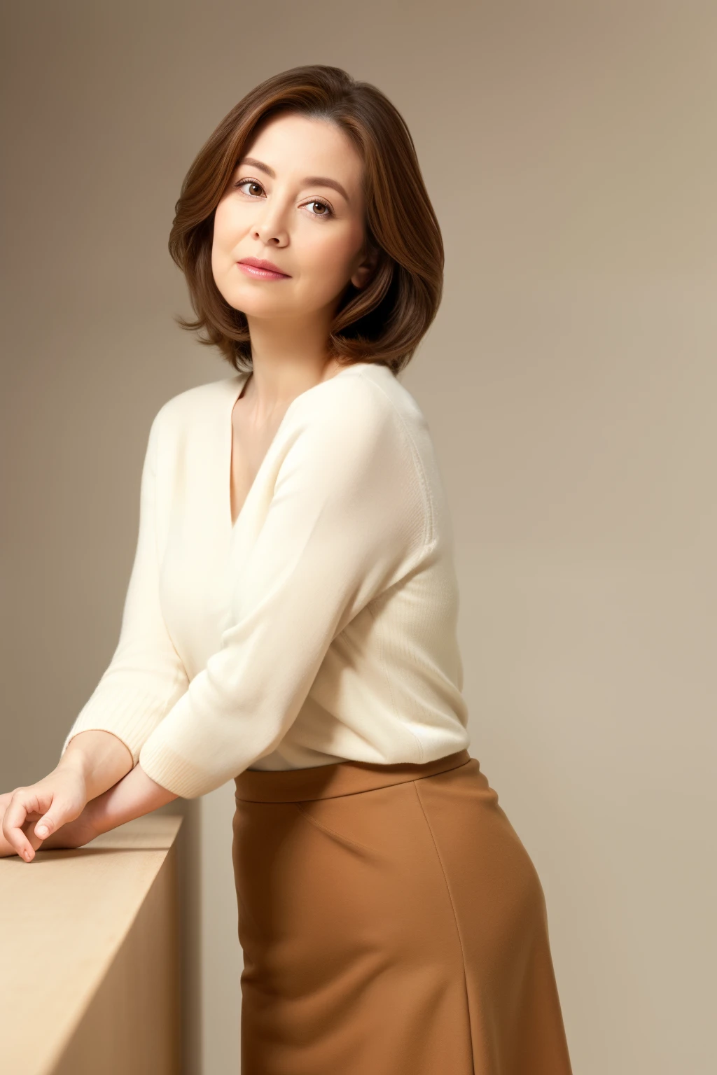 masuter piece, top-quality, masterpiece, hight resolution, Photorealsitic, Raw photography, 8k wallpaper, flawless, profetional lighting, ighly detailed, depth of fields,Pale solid color background, ((One beautiful woman)), ((80years old)), Female sexy, Detailed face, beautidful eyes, bangss, small breasts of good shape, Light Brown Straight Hair, Faint lips, ((stand facing forward、Staring at the viewer'serious face eyes.)),Sweaters, skirt by the, foot out of frame