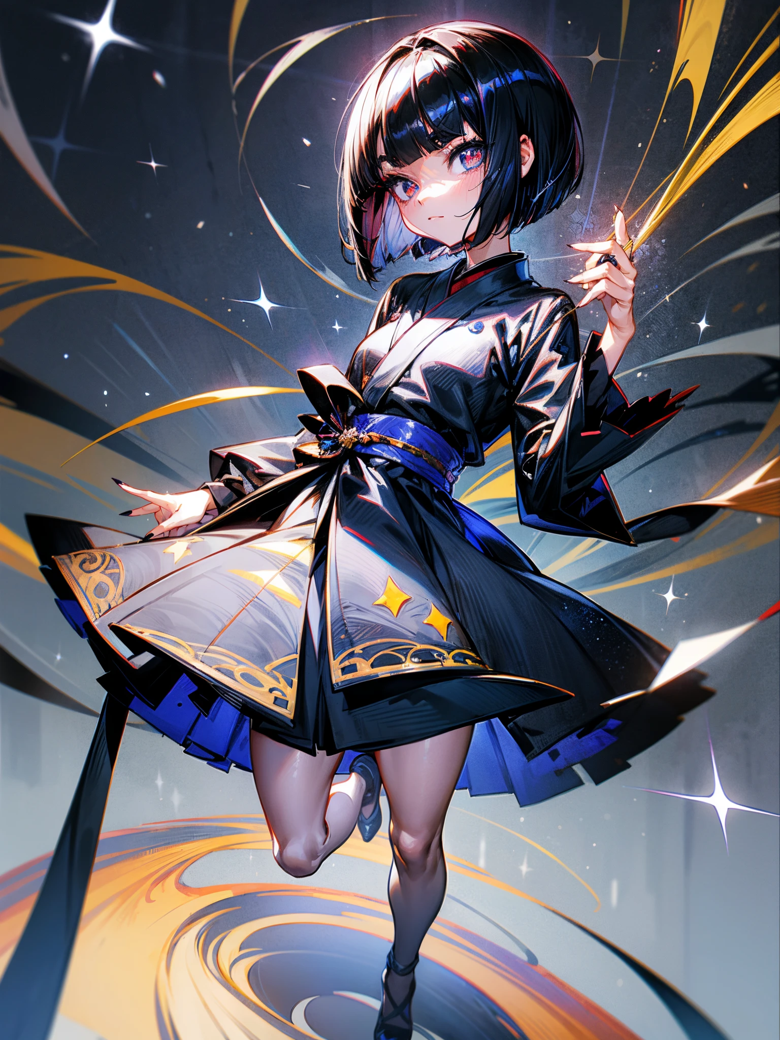 Create a full-body illustration in Japanese anime style featuring a girl in gothic fashion. She has a dark blue short bob haircut with bangs straight above her eyebrows. Emphasize her eyes with sparkling pupils and her nails painted with jet black nail polish. Her outfit should reflect gothic elements, like dark colors and intricate designs. The background should be abstract, with elements of sparkling stardust, evoking a sense of living in the moment, inspired by anime director Naoko Yamada's composition style.