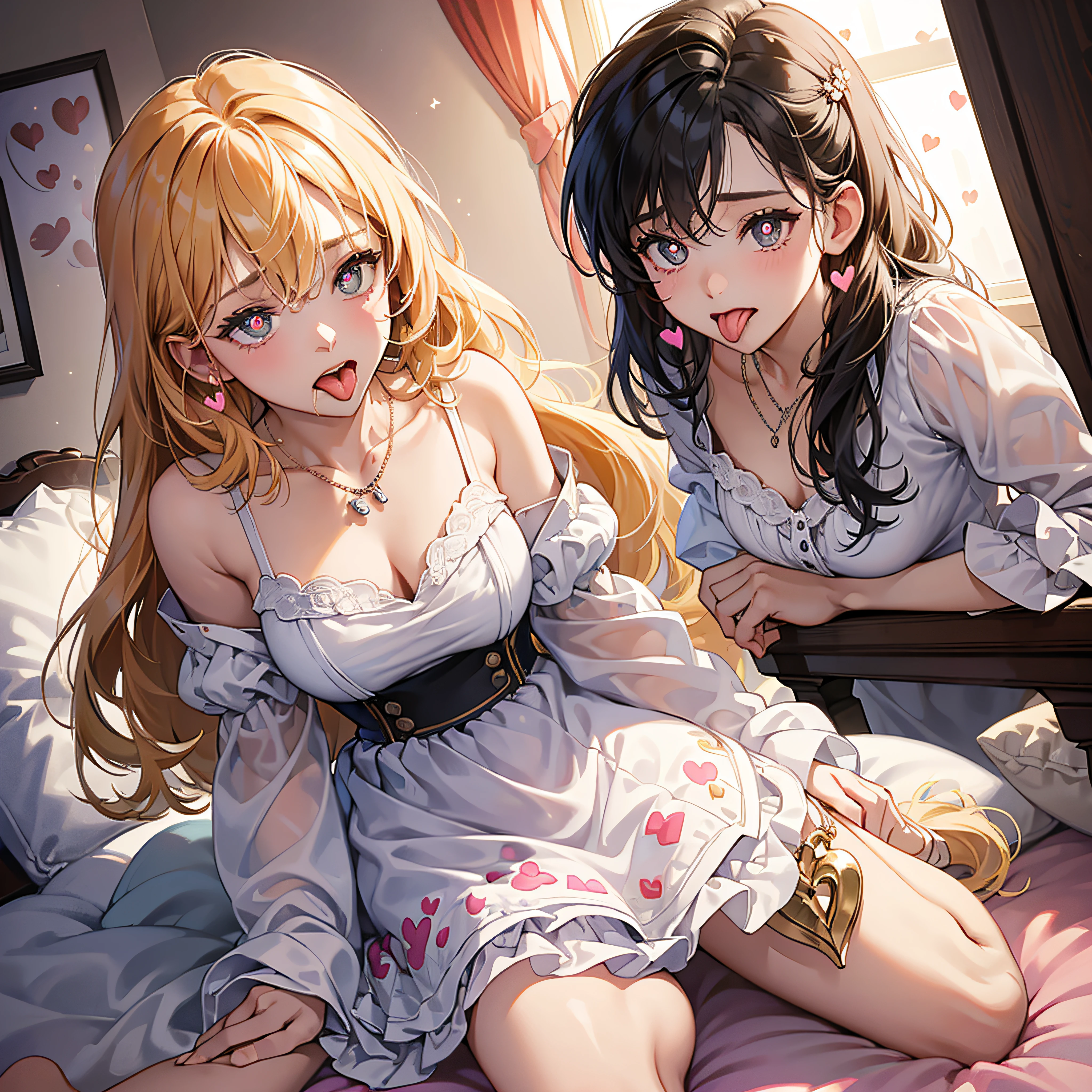 (Masterpiece: 1.4), (Best quality: 1.4), 8K, HD, ultraclear,1girll,(Big breasts:1.4),cabellos largos dorados,(heart - shaped pupils:1.3),(Tongue out:1.2),Scared:1.3,,Bare abdomen,White transparent tulle,Tong,(Looking up),spread their legingers on the lower body,Bedroom at night,necklace,Messy clothes, dairy cattle, Kneeling, (Cry: 0.7), Open mouth, saliva, throat, tongue sticking, hanging pulation, nvitation to, Inside the mouth, (Heart-shaped pupils),