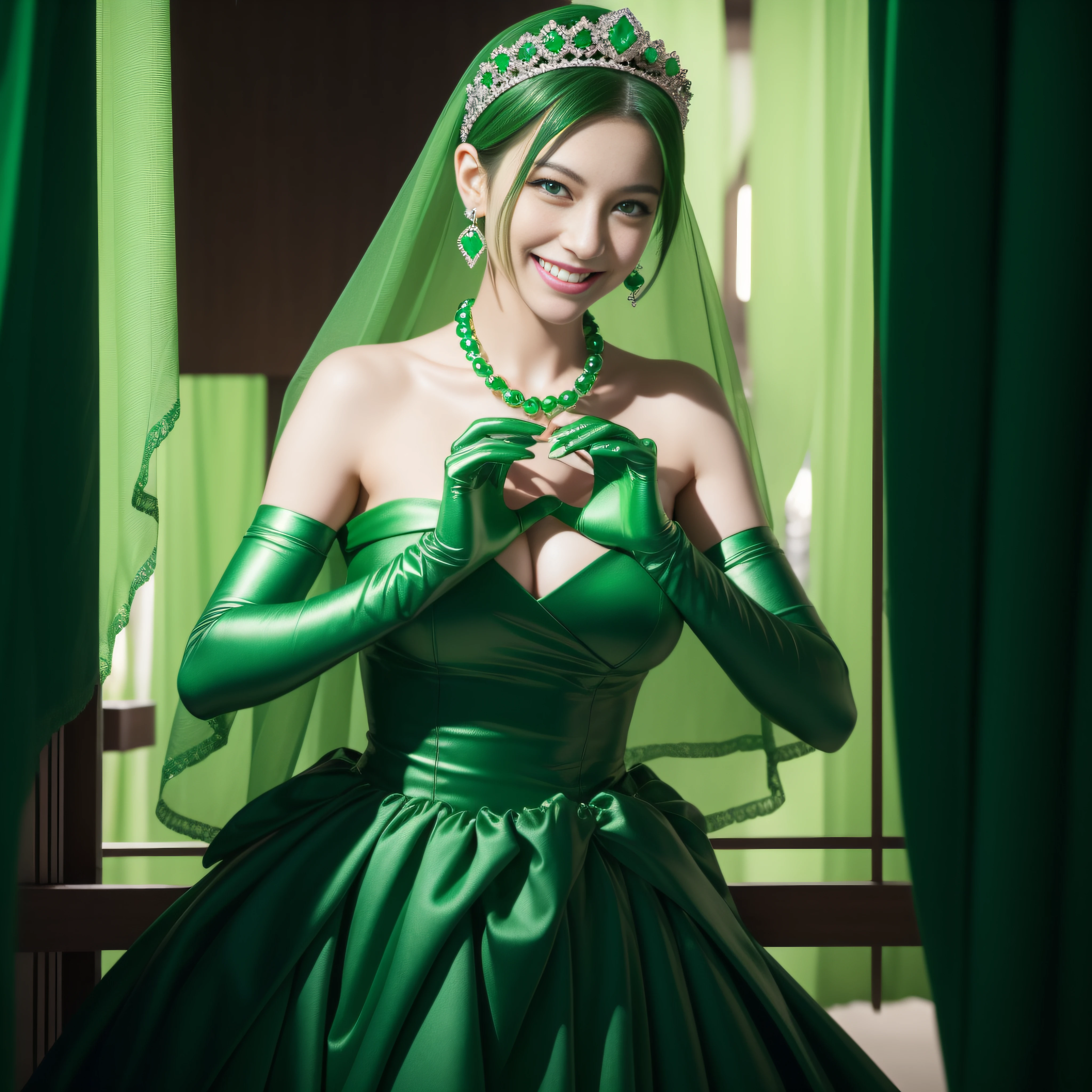 emerald tiara, Green Pearl Necklace, Boyish very short green hair, lipsticks, Japan woman smiling, very short short hair, big breasts beautiful, Green eyes, Long green gloves made of satin material, Green eyes, Emerald Earrings, green vale, Heart with both hands