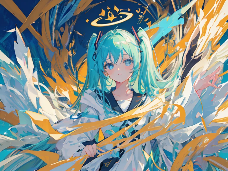 hatsune miku,Detailed Face, Light vintage color,planar, RISO Print Style,illustartion,Adols,Leave empty space,Low saturation,Individually organized,hight resolution, comic book character, comic, high quality detailed, style of ::2.0 comix illustration style,tatoon style, hiquality, hight resolution, detail enhancement, 8K, HD, Best Quality, hiquality, hight resolution, detail enhancement, 8K, HDR, sharp-focus, Ultra Detailed, perfect lighting, eye shadow, in a bathrobe, waves his hands in the air, bubbles, the wind, luminous skin, blue skies, dark shadows, Lustrous Hair, Dark halo, glowing eyes, Detailed background, water:1.2, Flowers:1.2, Masterpiece, 8K, woods、Natural background, like a, For example, shore of the lake、Efficient use of light and shadow、 Realistic & ultra realisic, kindness, extremely detail, (Colorful:1.1), (Colorful Background1:1), (#30B3FF:1.5), (#FA52F4:1.1), Dance with Unearthly Creatures, Tarot symbols, bird、bee、