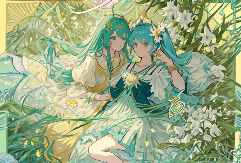 hatsune miku, Blue hair,
tmasterpiece、topquality、Alphonse Mucha、Jugendstil、 (Tarot card style:1.3)、Unique Tarot Card Structure, including bangs with floral and green element、Long hair with pink double ponytails,,,、Upper torso、looking at the viewers、 In the middle of a green garden、Mysterious girl in a floral dress、Enjoy the sunshine, which illuminates flowering plants and ancient tarot symbols.、Dance with Unearthly Creatures。 roses、lily、Cherry trees、calamus、leaveoss、vine、Elegant dresses, Inspired by nature、Necklace with flowers and leaves、耳环、circlet、A bracelet、hair ornament、bee、Tarot symbols, Reimagined with floral and green ornaments、goddess lower garden、woods、Natural background, like a, For example, shore of the lake、Efficient use of light and shadow、 Realistic & Ультрареалистичный 3D、zentangle、Birds