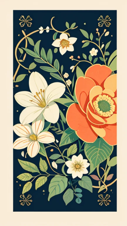 Light vintage color,planar,,RISO Print Style,illustartion,Adols,Leave empty space,Low saturation,lots of flowers,Individually organized,leafs,twigs,printing, sticker of a,Random distribution,Beautiful drawing style, Color Guide,Graphic design,Carpet pattern,(Plain background)