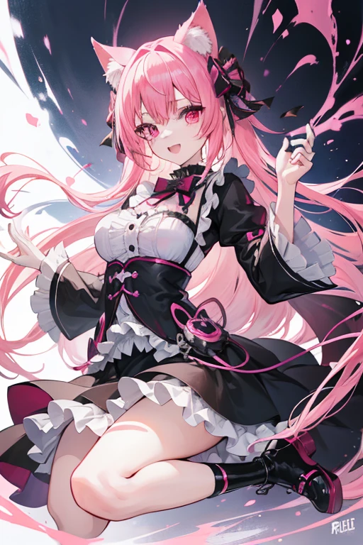 beautiful illustrations, highest quality, pretty girl,beautiful girl、clear face、 half girl、pastel colour ,red hair、black eyes、smile、blush、にこやかなsmile、thighs、devil、black feather、fantasy、fantasy、perfect hands、five fingers、twin tails、horns on head、big breasts、High leg、Wedgie