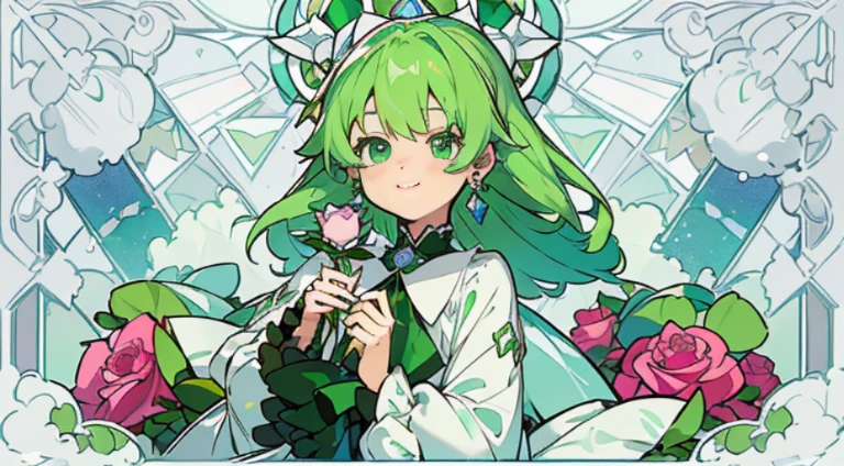 (Skin is not affected, Long sleeve blouse with ruffles), (独奏), very cute female child (1), Colorful stained glass background, Classic, Lots of bright roses,rose vine, ((Super long emerald green hair, Earring color)), (Super Smile), Dynamism, (Her eyes are emerald green), (Kirakira) (Node objects)Face angle close up